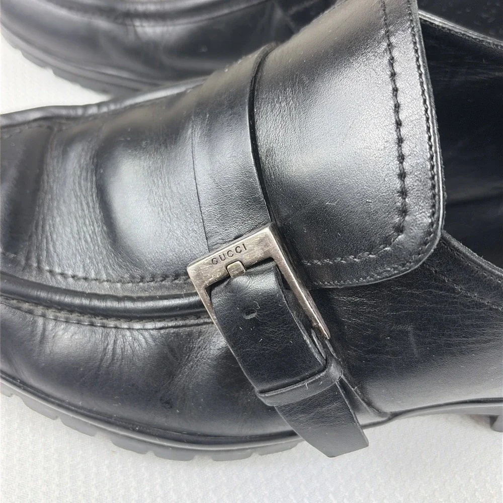 GUCCI Men's Black Leather Buckle Loafers With Rubber Lug Soles, Size 10.5
